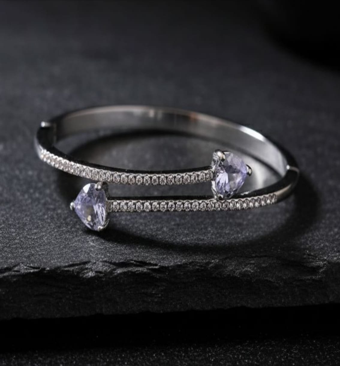 Dual Crystal Open Bangle (Silver Finish)