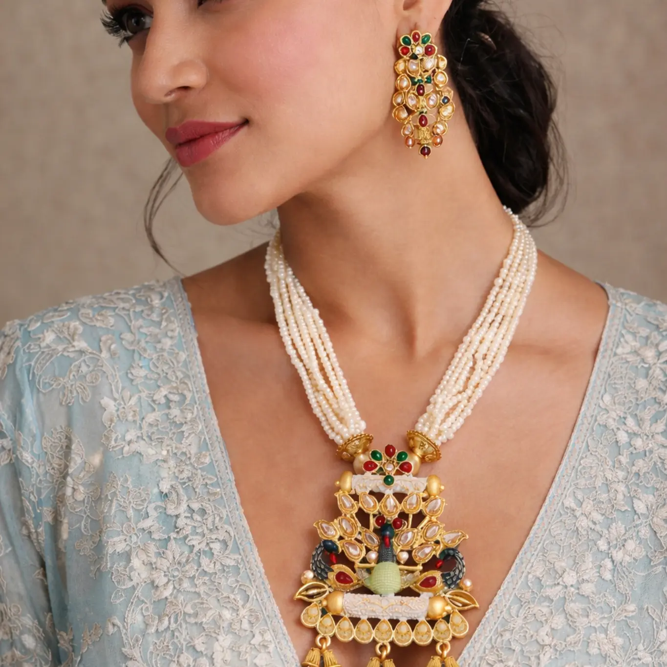 Antique Kundan Pearl Necklace Set