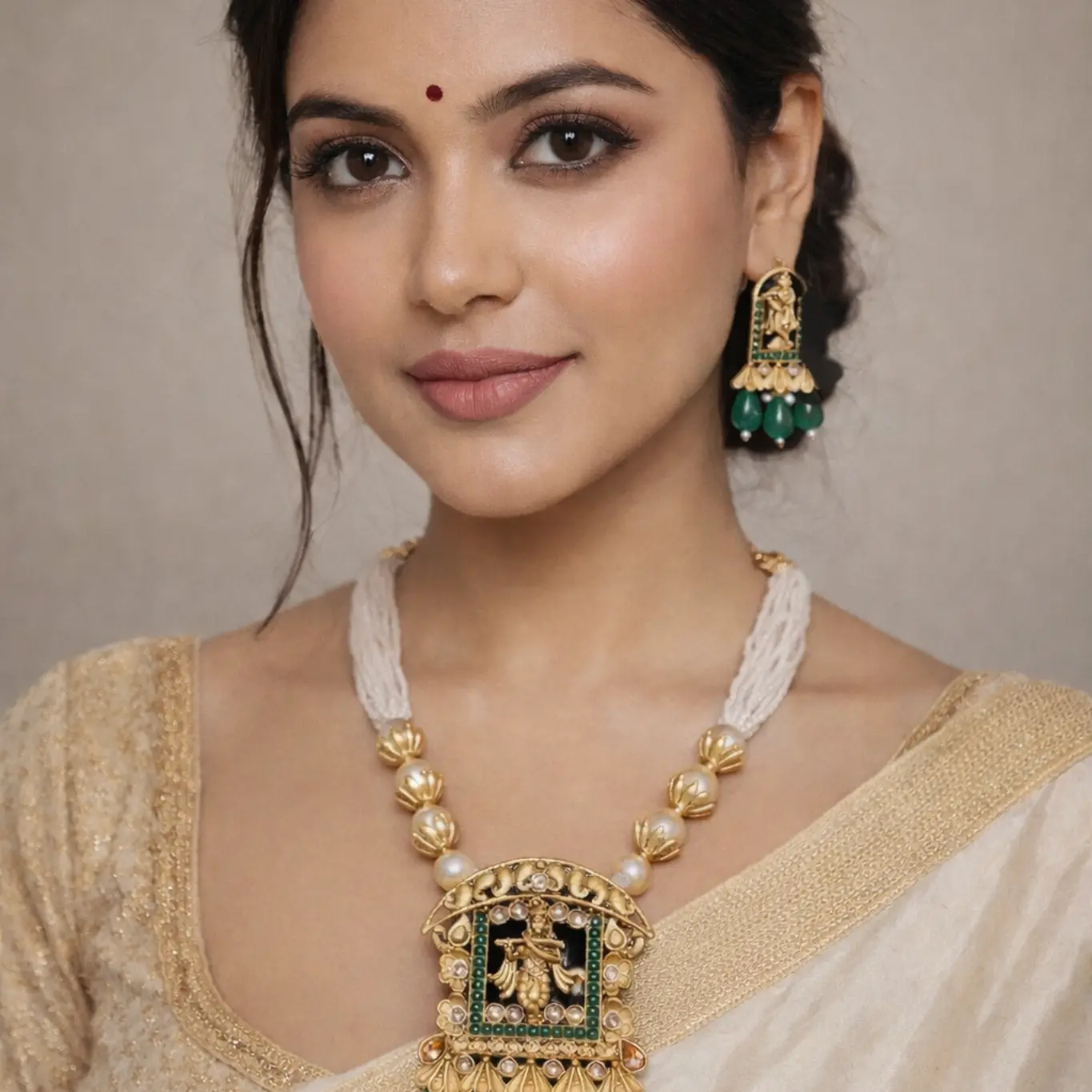 Heritage Temple Necklace Set with Green Beads