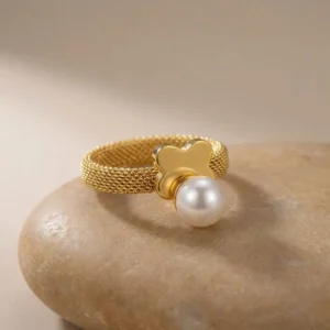 Gold Tone Metal With Pearl Ring